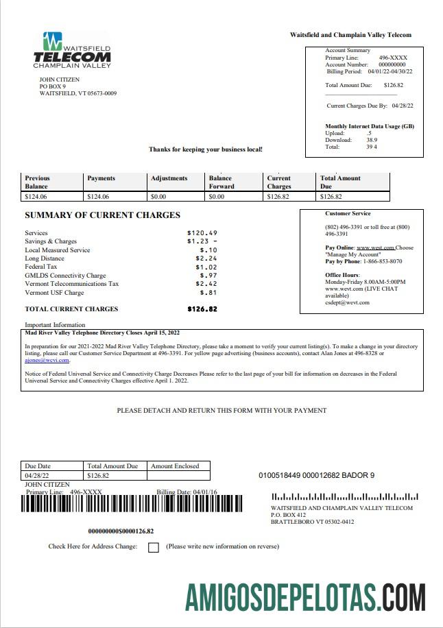 realista Modelo de conta de serviços públicos da Waitsfield Telecom dos EUA em formato Word e PDF